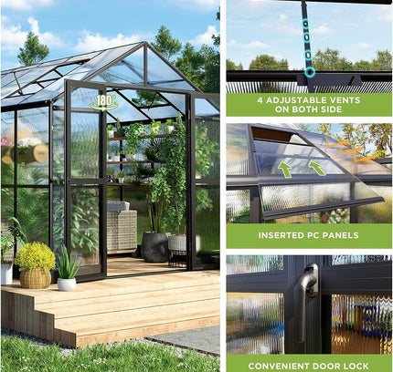 [08X12FT] Large Premium Outdoor Aluminum Polycarbonate Greenhouse With Double Swing Doors