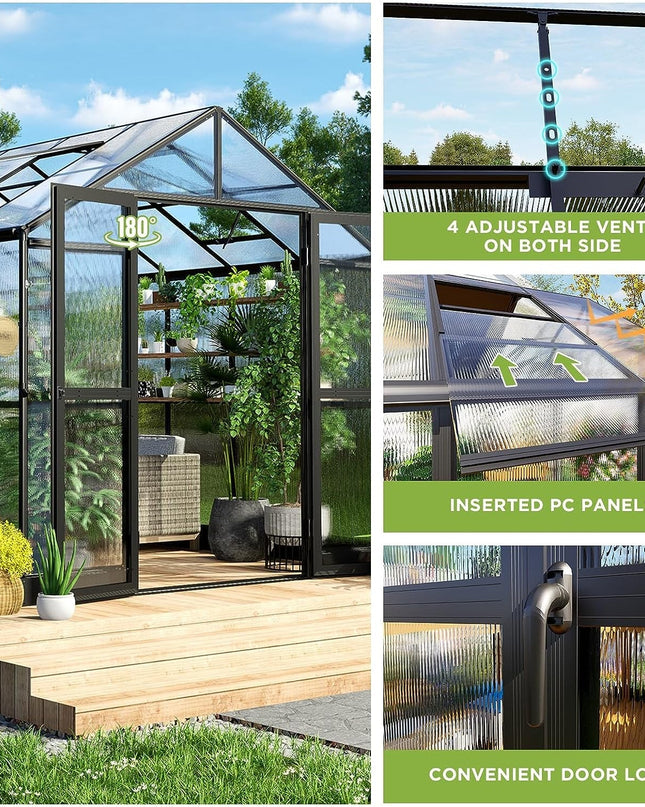 [08X12FT] Large Premium Outdoor Aluminum Polycarbonate Greenhouse With Double Swing Doors