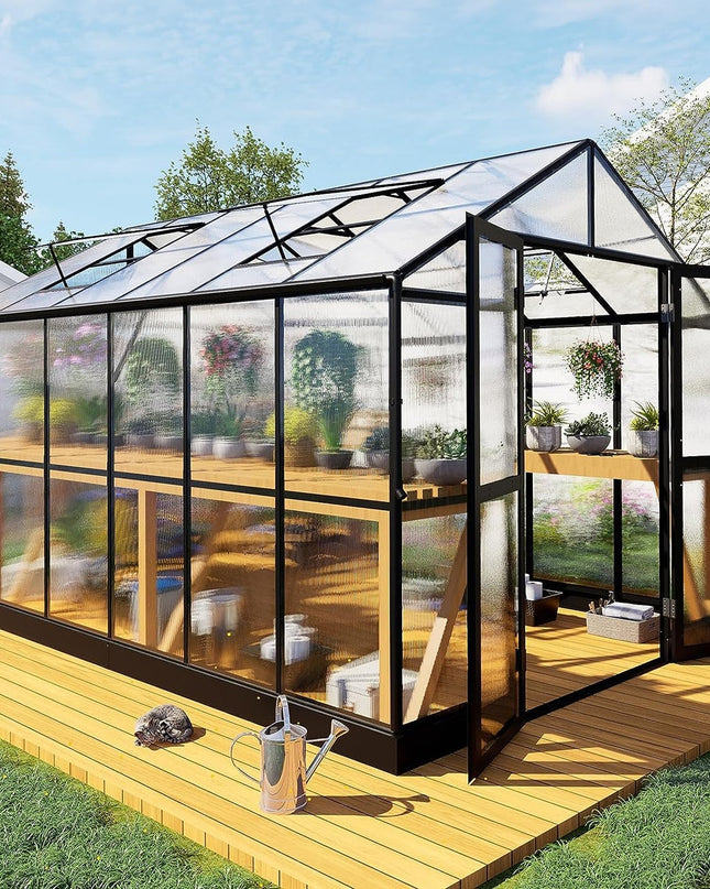 [08X12FT] Large Premium Outdoor Aluminum Polycarbonate Greenhouse With Double Swing Doors