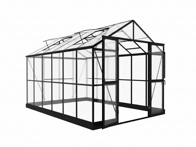8x12FT Aluminum Polycarbonate Walk-In Greenhouse, Double Swing Doors