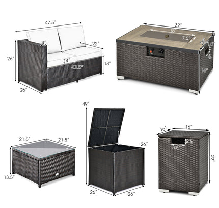 6-Piece Outdoor Wicker Sofa Set with 32" 40,000 BTU Fire Pit Table — Turquoise