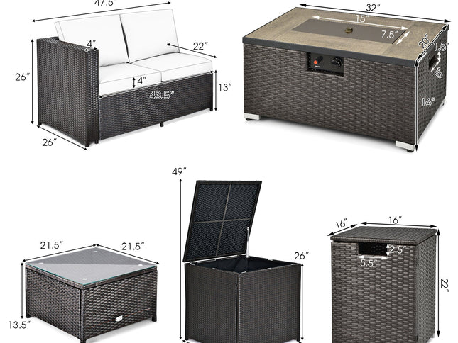 6-Piece Outdoor Wicker Sofa Set with 32" 40,000 BTU Fire Pit Table — Turquoise