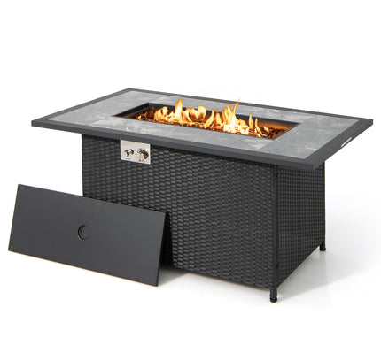 52" Rattan Propane Fire Pit Table with Rain Cover & Lava Rock, Black