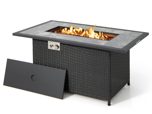 52" Rattan Propane Fire Pit Table with Rain Cover & Lava Rock, Black