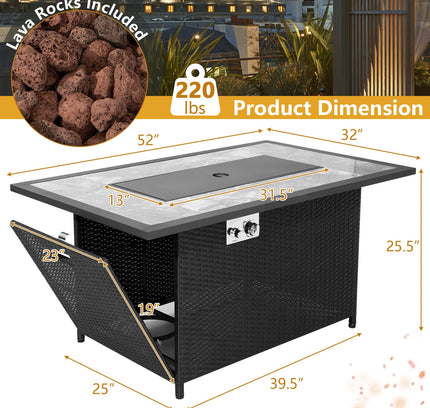 52" Rattan Propane Fire Pit Table with Rain Cover & Lava Rock, Black
