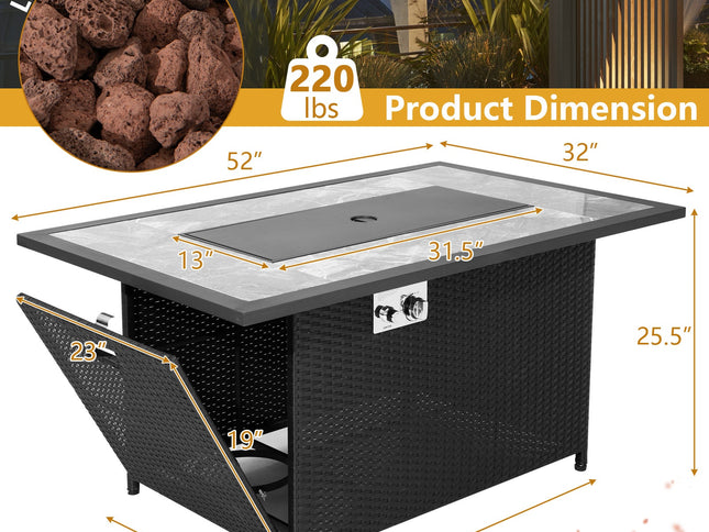 52" Rattan Propane Fire Pit Table with Rain Cover & Lava Rock, Black