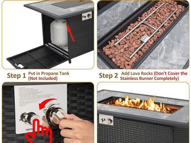 52" Rattan Propane Fire Pit Table with Rain Cover & Lava Rock, Black