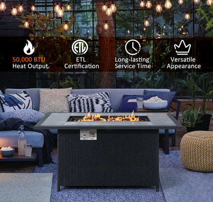52" Rattan Propane Fire Pit Table with Rain Cover & Lava Rock, Black