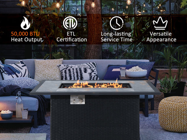 52" Rattan Propane Fire Pit Table with Rain Cover & Lava Rock, Black