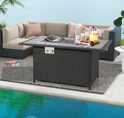 52" Rattan Propane Fire Pit Table with Rain Cover & Lava Rock, Black
