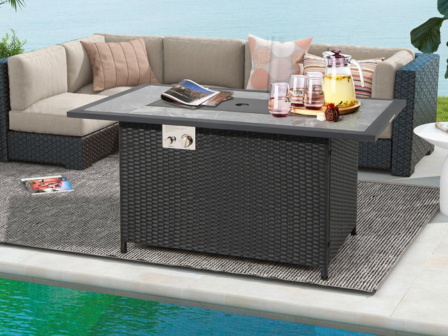 52" Rattan Propane Fire Pit Table with Rain Cover & Lava Rock, Black