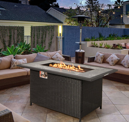 52" Rattan Propane Fire Pit Table with Rain Cover & Lava Rock, Black