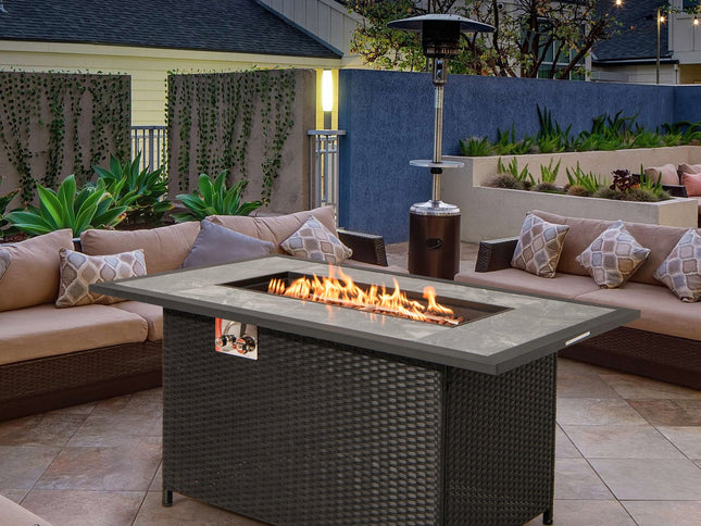 52" Rattan Propane Fire Pit Table with Rain Cover & Lava Rock, Black