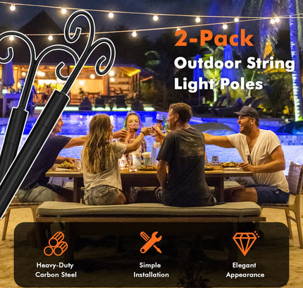 String Light Poles 2 Pack Outdoor Metal Poles with Top Arc Hook and 5-Prong Base