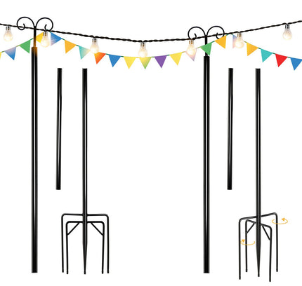 String Light Poles 2 Pack Outdoor Metal Poles with Top Arc Hook and 5-Prong Base