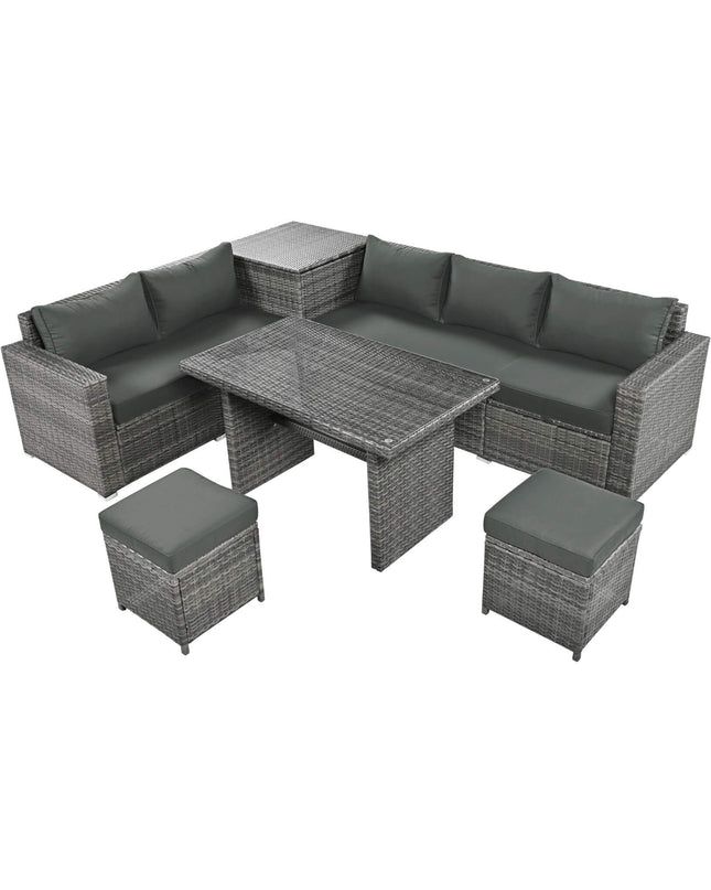 Alora Outdoor 6-Piece All-Weather PE Rattan Sofa Set With Adjustable Seat, Storage Box, Removable Covers, And Tempered Glass Table Top
