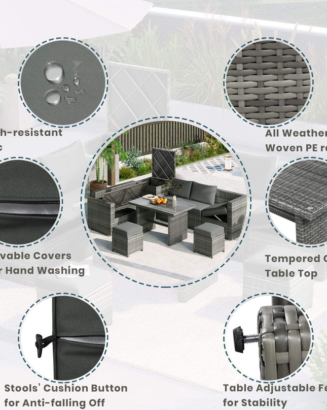 Alora Outdoor 6-Piece All-Weather PE Rattan Sofa Set With Adjustable Seat, Storage Box, Removable Covers, And Tempered Glass Table Top