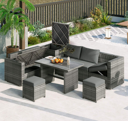 Alora Outdoor 6-Piece All-Weather PE Rattan Sofa Set With Adjustable Seat, Storage Box, Removable Covers, And Tempered Glass Table Top