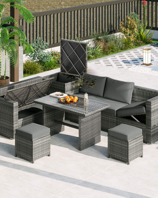 Alora Outdoor 6-Piece All-Weather PE Rattan Sofa Set With Adjustable Seat, Storage Box, Removable Covers, And Tempered Glass Table Top