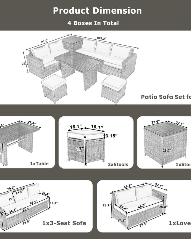 Alora Outdoor 6-Piece All-Weather PE Rattan Sofa Set With Adjustable Seat, Storage Box, Removable Covers, And Tempered Glass Table Top