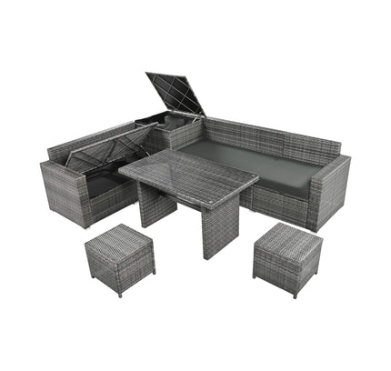 Alora Outdoor 6-Piece All-Weather PE Rattan Sofa Set With Adjustable Seat, Storage Box, Removable Covers, And Tempered Glass Table Top