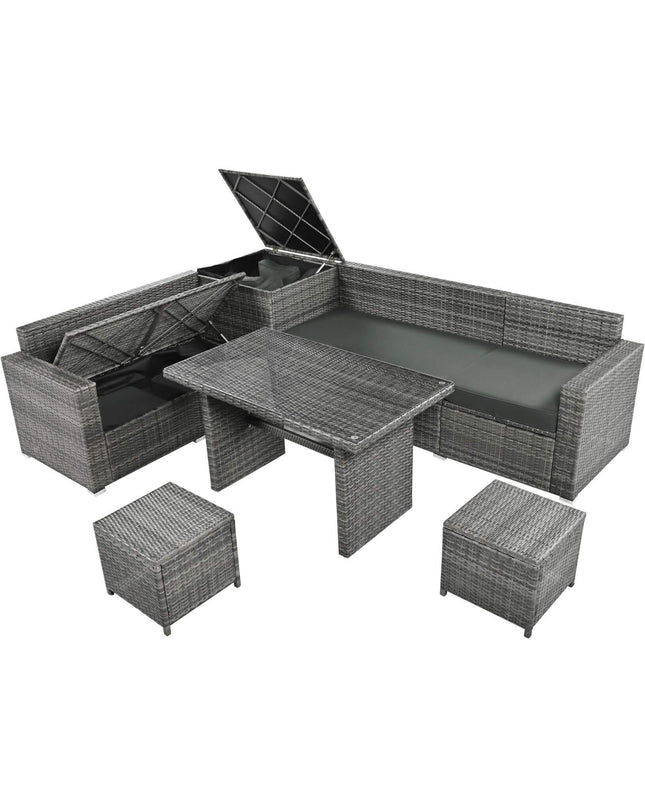 Alora Outdoor 6-Piece All-Weather PE Rattan Sofa Set With Adjustable Seat, Storage Box, Removable Covers, And Tempered Glass Table Top