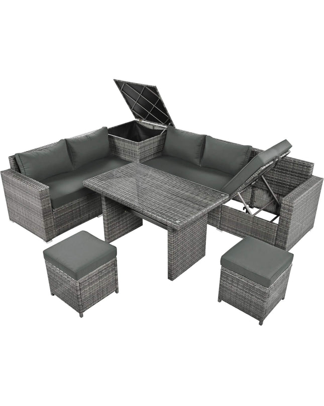 Alora Outdoor 6-Piece All-Weather PE Rattan Sofa Set With Adjustable Seat, Storage Box, Removable Covers, And Tempered Glass Table Top