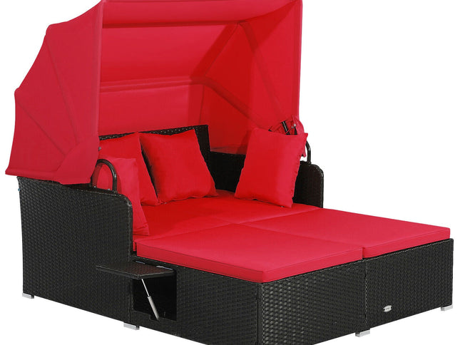Patio Rattan Daybed with Retractable Canopy and Side Tables