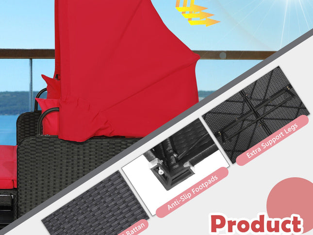 Patio Rattan Daybed with Retractable Canopy and Side Tables