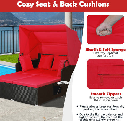 Patio Rattan Daybed with Retractable Canopy and Side Tables