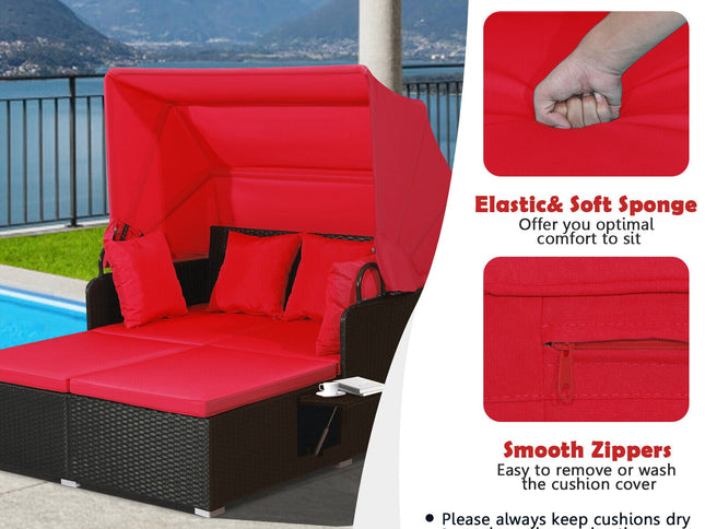 Patio Rattan Daybed with Retractable Canopy and Side Tables