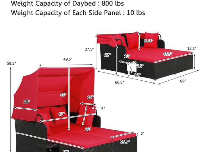 Patio Rattan Daybed with Retractable Canopy and Side Tables