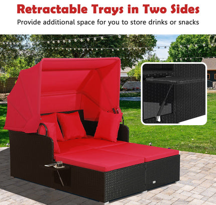 Patio Rattan Daybed with Retractable Canopy and Side Tables