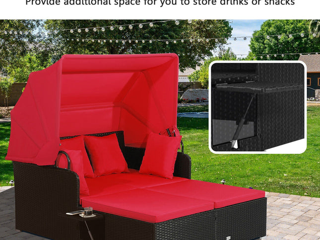 Patio Rattan Daybed with Retractable Canopy and Side Tables