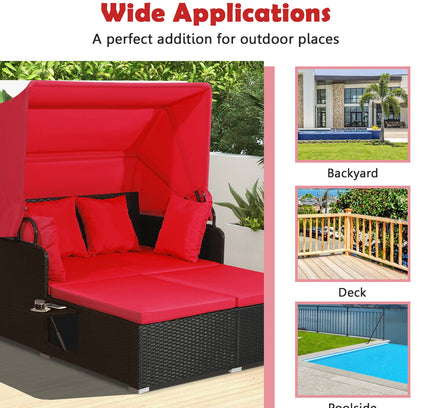 Patio Rattan Daybed with Retractable Canopy and Side Tables