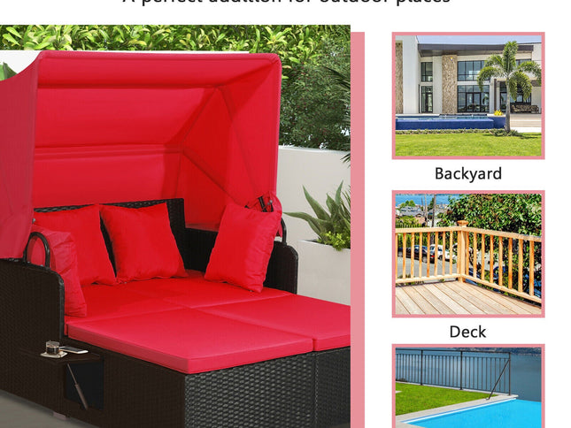 Patio Rattan Daybed with Retractable Canopy and Side Tables