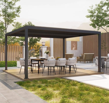 [12X16FT] Alora Premium Outdoor Gray Aluminum Hardtop Pergola Gazebo With Adjustable Roof