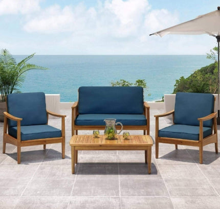 Alora Premium 4-Piece Wooden Outdoor Patio Conversation Seating Set With Cushions