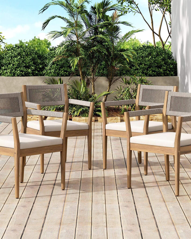 Alora Premium 5-Piece Outdoor Acacia Wood Patio Furniture Set With Braided Dining Chairs, Cushions, And Dining Table