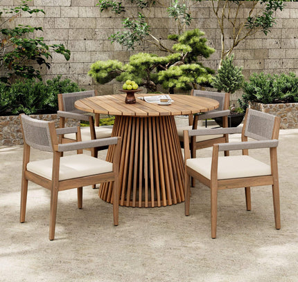 Alora Premium 5-Piece Outdoor Acacia Wood Patio Furniture Set With Braided Dining Chairs, Cushions, And Dining Table