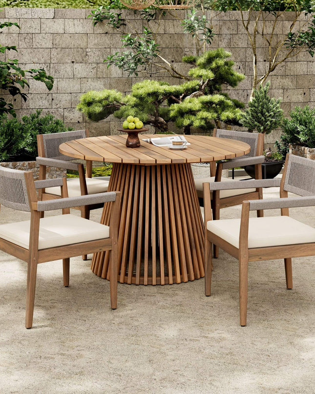 Alora Premium 5-Piece Outdoor Acacia Wood Patio Furniture Set With Braided Dining Chairs, Cushions, And Dining Table