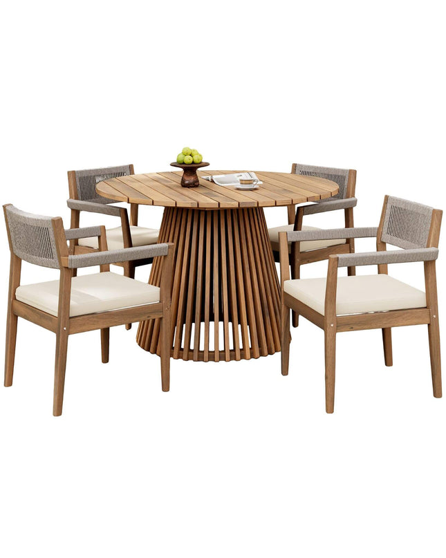 Alora Premium 5-Piece Outdoor Acacia Wood Patio Furniture Set With Braided Dining Chairs, Cushions, And Dining Table