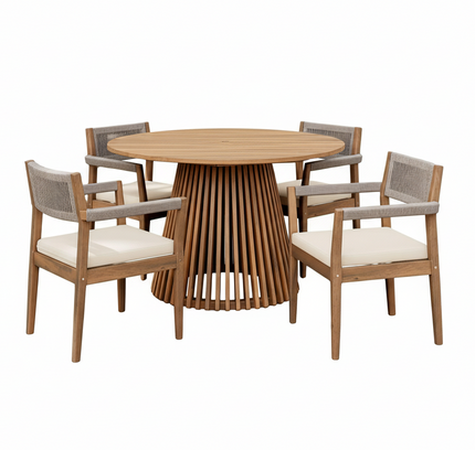 Alora 5-Piece Acacia Wood Outdoor Dining Set with Braided Chairs & Cushions