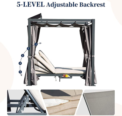 Alora Premium Aluminum Outdoor Patio Daybed With Retractable Canopy And Double Chaise Lounge