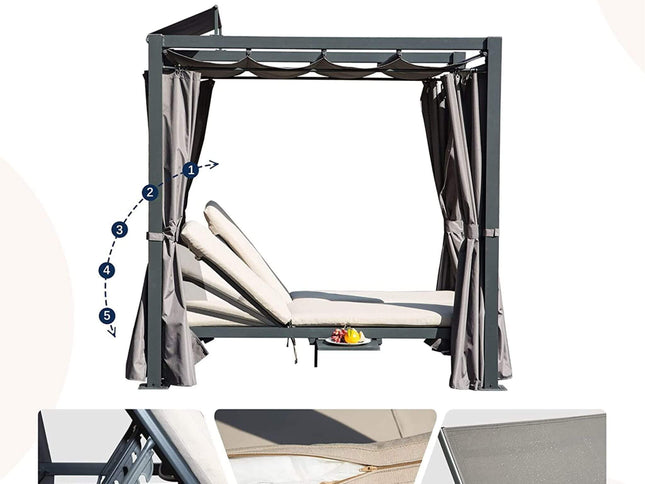 Premium Aluminum Outdoor Patio Daybed With Retractable Canopy And Double Chaise Lounge (SAK17682)
