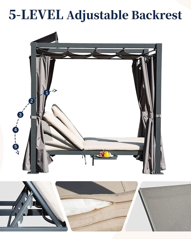 Alora Premium Aluminum Outdoor Patio Daybed With Retractable Canopy And Double Chaise Lounge