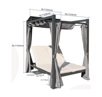 Alora Premium Aluminum Outdoor Patio Daybed With Retractable Canopy And Double Chaise Lounge