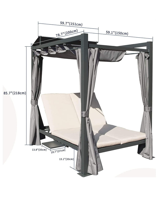 Alora Premium Aluminum Outdoor Patio Daybed With Retractable Canopy And Double Chaise Lounge