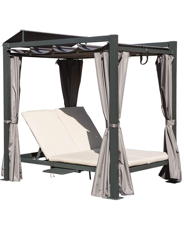 Alora Premium Aluminum Outdoor Patio Daybed With Retractable Canopy And Double Chaise Lounge