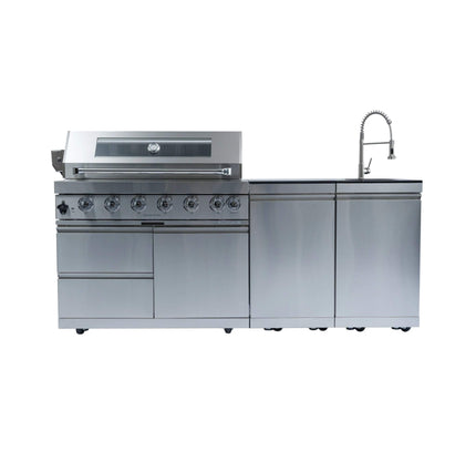 Castelle Flame Outdoor BBQ Kitchen Island With 43-Inch 6-Burner 85K BTU Propane Gas Grill, Rotisserie Kit, And Storage Cabinets